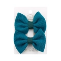 Pair of teal seersucker bow hair clips with ribbed wrap on a white display card - Peacock Blue