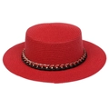 Red flat top straw hat with black leather and gold chain decoration band - Thick Chain Decor Band Style (300A)