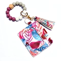 Tropical pattern card holder with silicone beads wristlet and leather tassel keychain - Beach Tree Print
