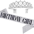 Silver Birthday Girl glitter sash and rhinestone tiara set for party celebrations - Silver Crown And Silver Birthday Girl Sash