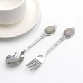 Elegant stainless steel spoon and fork set with grey crystal agate stone handles - Grey Agate