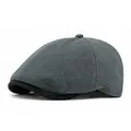Retro grey herringbone flat cap with black brim for autumn and winter warmth - Adjustable / Grey Blue