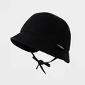 Detail of kids black cotton sun hat featuring adjustable chin strap and side brand label - 50cm (Recommended 1-3 Years) / Black