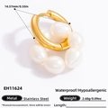 Gold stainless steel hoop earrings with natural freshwater pearl pendant, waterproof style - EH11624