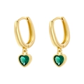Close-up of golden geometric earrings featuring green heart-shaped crystal pendants - Heart Pendant (VE1282) / Gold