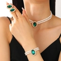 Elegant 3-piece vintage double-layer pearl jewelry set with green gemstone accents - Gold Green (7951)