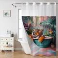 Artistic tiger bathing printed shower curtain hanging in a modern bright bathroom setup - SYL-2 (Tiger Bathing) / 181x188cm Single Curtain