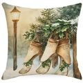 Christmas cushion cover in green linen with watercolor street lamp and festive stockings - YMD15-9 (Street Lamp and Socks)