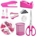 Set de papeterie rose avec agrafeuse, ciseaux, dévidoir et pot à crayons métal - Ensemble de 8 pièces / Boîte Avion / Rose