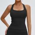Sleek black halter sports tank top with Y-shaped open back for yoga and running - L / Premium Black