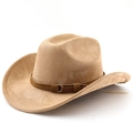 Classic camel faux suede western cowboy hat with wide brim and decorative metal ring band - M (56-58cm) / Camel