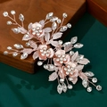 Exquisite rose gold bridal hair comb with pearls, crystals and floral leaf design - Rose Gold Crystal Flower Branch Hair Comb (HS-J6505RG)