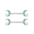 Silver crescent moon nipple ring set with light blue crystals and white pearls - Blue Pearl Moon Pair