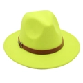 Detail of neon green fedora hat featuring a brown leather strap and silver metal buckle - Fluorescent Green