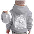 Grey kids hoodie featuring Chasing Sunsets back print and palm tree chest detail - Grey/White Print / 100cm