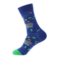 Blue cotton crew socks with grey hippo and palm tree pattern, green heel and toe accents - 905 Tropical Animal