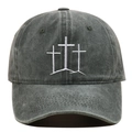Detailed embroidery of three white crosses on a vintage washed grey baseball cap - Army Green
