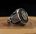 Vintage ottoman style men's signet ring with black oval stone and gold hollow crown pattern - US 6 / Antique Silver