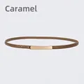 Slim caramel leather belt for women with a sleek polished gold rectangular metal buckle - 105cm / Caramel color