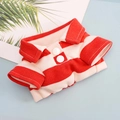 Detail of red and white striped knit pet Polo shirt with button placket and collar - Red