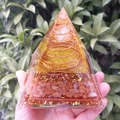Handmade Orgone Pyramid with copper spiral and orange crystal stones in clear resin - 10cm / White Ball Spiral