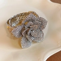 Elegant gold and silver floral bracelet with sparkling white rhinestones and elastic band - Silver Full Diamond Shining Flower Style