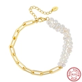Elegant S925 sterling silver bracelet with baroque freshwater pearls and gold paperclip chain - Gold Double Row Pearl (GPB04)