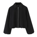 Veste noire décontractée pour femme avec col à revers et fermeture éclair en argent - XS / Noir