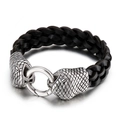 Men's black braided leather bracelet with vintage stainless steel twin snake heads - 22.5CM / Steel Color (KB55206-D)