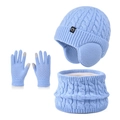 Light blue 3-piece cable knit winter set with fleece-lined hat, scarf, and touch gloves - 3-Piece Set - Solid Lake Blue