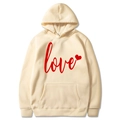 Cream hoodie featuring red Love script and heart print with kangaroo pocket - S / Tops / Khaki