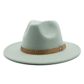 Detail of mint green wool fedora hat featuring a woven brown leather band with metal buckle - M (56-58cm) / Mint Green
