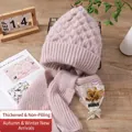 Pink knit hat and scarf set with thick fleece lining and textured diamond pattern - Rice Camel