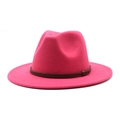 Detail of a bright rose pink wool felt fedora featuring a brown braided leather band - M (56-58cm) / Rose Red