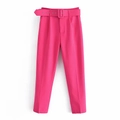 Pantalón de cintura alta rosa fucsia para mujer con cinturón a juego, ajuste entallado - XS / Rosa rojo