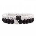 Detail view of 8mm lava stone and white turquoise beaded bracelets for couples - Matte Black + Lava Stone