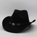 Black western cowboy hat in felt with turquoise stone and wooden bead leather band - One Size (56-60cm) / Black