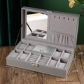 Grey PU leather watch box with velvet interior, ring slots, jewelry hooks and vanity mirror - 8+2 Slot Grey (No Window)