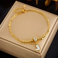 Double-layered gold chain anklet with heart pendant and crystals on jewelry box - Heart Rhinestone Style (B897)