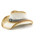 Chapeau de cowboy en paille respirant avec perle turquoise et bande géométrique de plage - M (56-58cm) / Peinture en aérosol blanche et kaki