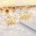 Elegante goldene Blumen-Ohrstecker mit Zirkon-Blütenblättern auf weißem Keramikteller - 14K Gold