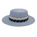 Detail of wide brim blue boater hat with pearl and rhinestone embellished trim ribbon - Sky Blue