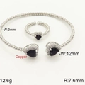 Silver jewelry set with black heart stones and micro-pave crystals in copper - Silver Black