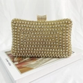 Close-up of sparkling clear rhinestones on light gold hard-shell evening clutch bag - Gold