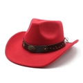 Détail du chapeau de cowboy en feutre rouge avec ceinture en cuir et clous en bronze - M(56-58cm) / Rouge