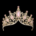 Detail of a gold bridal crown with large pink marquise crystals and white rhinestones - Standard Gold Pink Rhinestone Crown