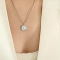 Silver titanium steel necklace with white shell crescent moon pendant on female model - Necklace-40+5cm / Silver