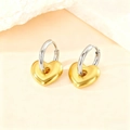 Two-tone titanium steel hoop earrings with gold heart charm on silver metal rings - 3D Heart Shape / Gold and Silver Two-tone