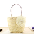 Mini Stroh-Handtasche mit Lederriemen und großer beige Blume für den Sommer am Strand - Beige Mit Blume