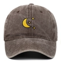 Detail of moon and stars embroidery on vintage washed cotton baseball cap - Adjustable / Coffee